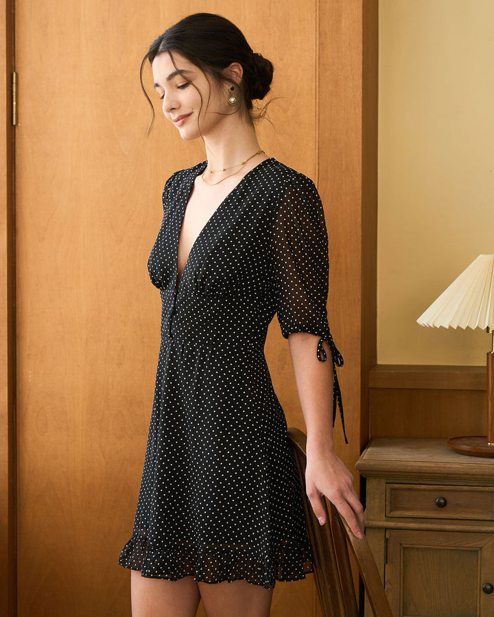 The Black Deep V Neck Polka Dot Mini Dress - Celestia Couture