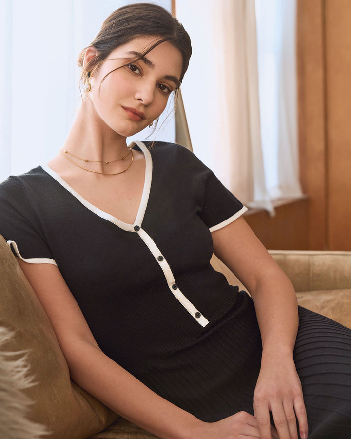 Black Contrasting Sweater Midi Dress - Celestia Couture