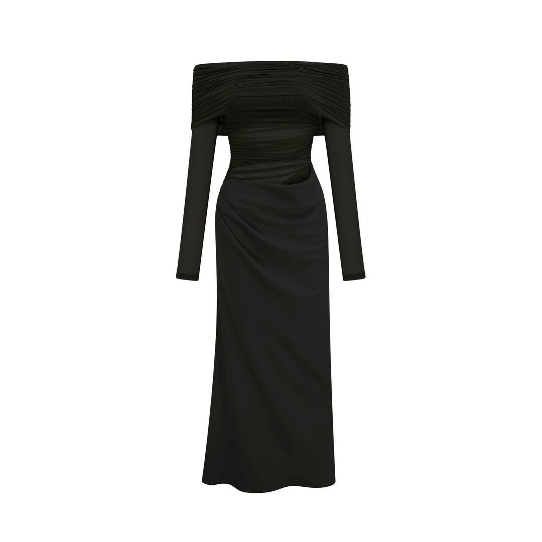 Estelle off-shoulder semi-sheer midi dress in Black - Celestia Couture