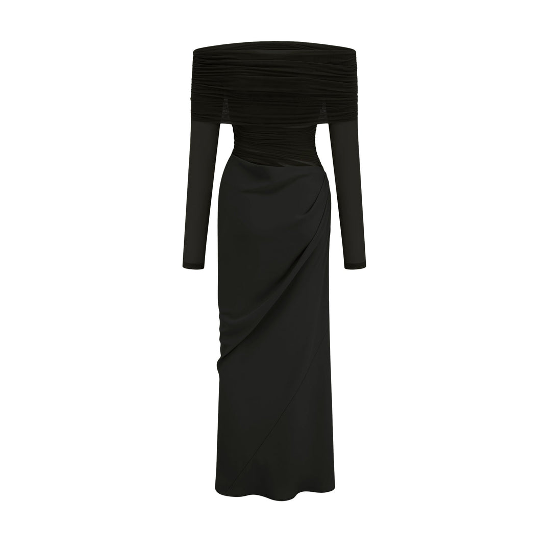 Estelle off-shoulder semi-sheer midi dress in Black - Celestia Couture