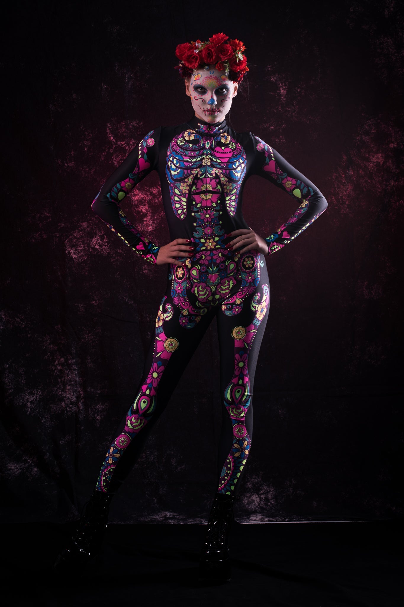 White LOS MUERTOS SKELETON Costume for Women - UV Reactive