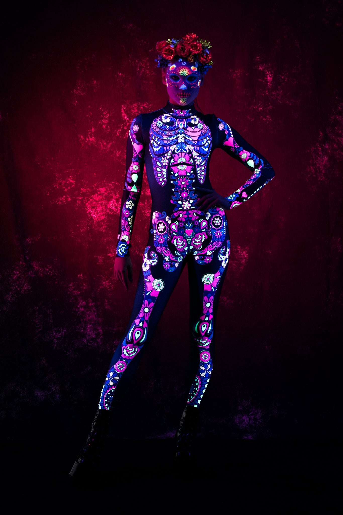 Dark LOS MUERTOS SKELETON Costume for Women - UV Reactive