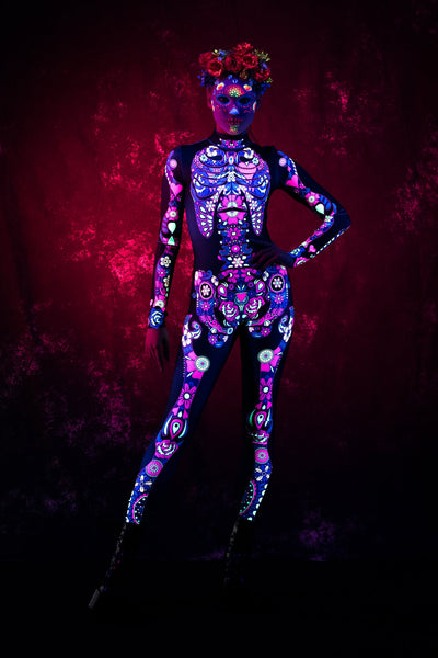 Dark LOS MUERTOS SKELETON Costume for Women - UV Reactive