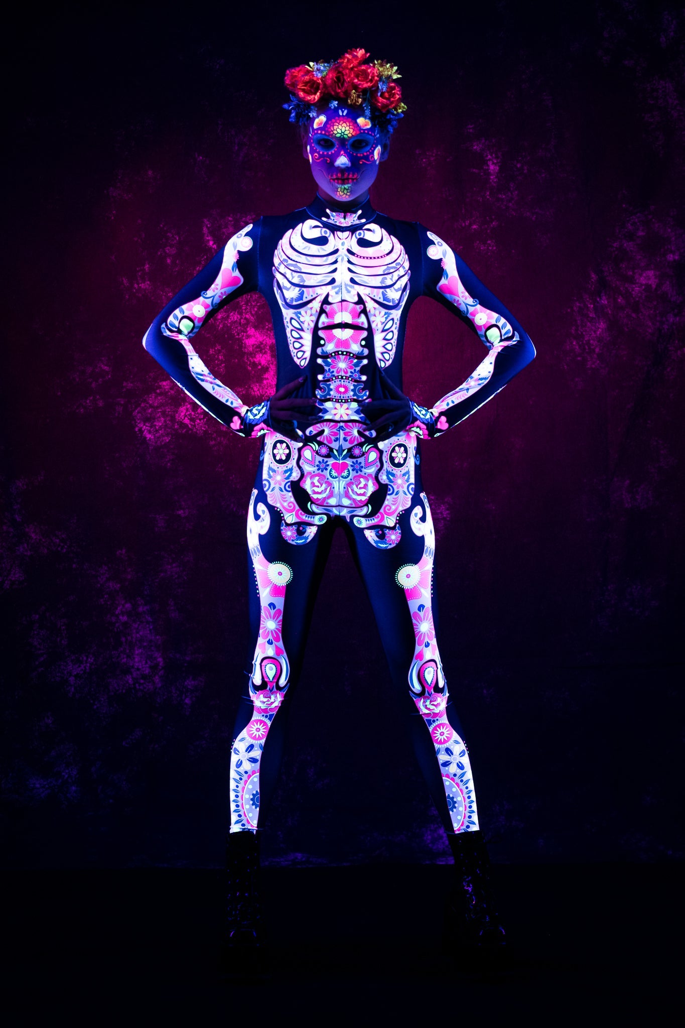 White LOS MUERTOS SKELETON Costume for Women - UV Reactive