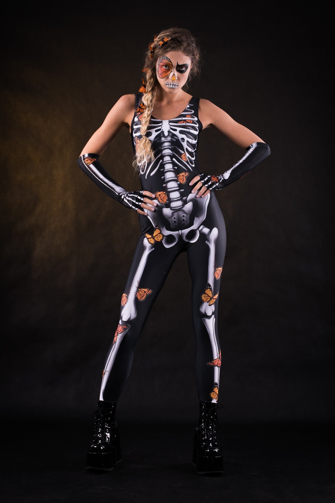 ORANGE BUTTERFLIES Scoop Neck Jumpsuit & Gloves - Style Solo or Set