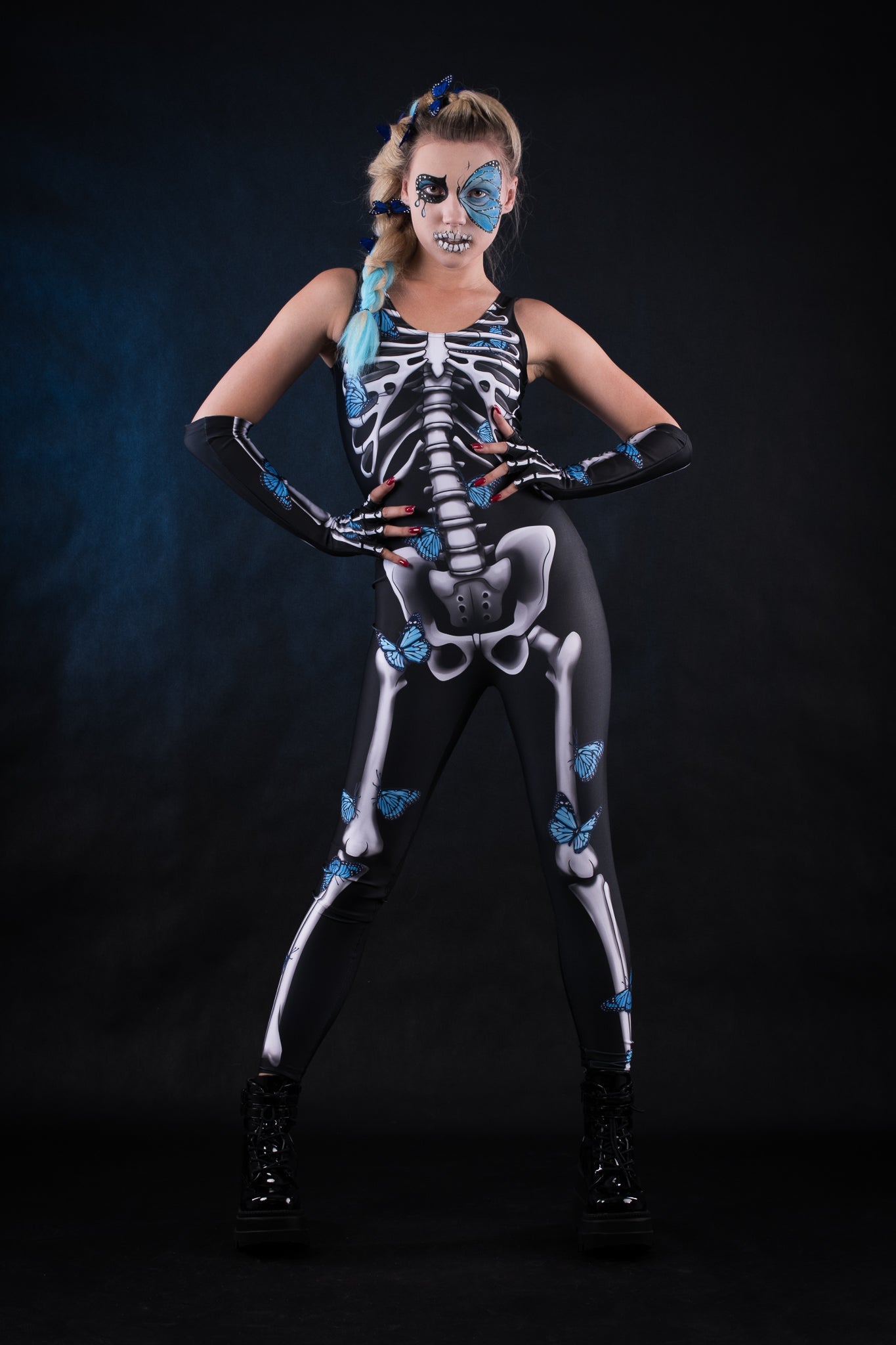 BLUE BUTTERFLIES Scoop Neck Jumpsuit & Gloves - Style Solo or Set