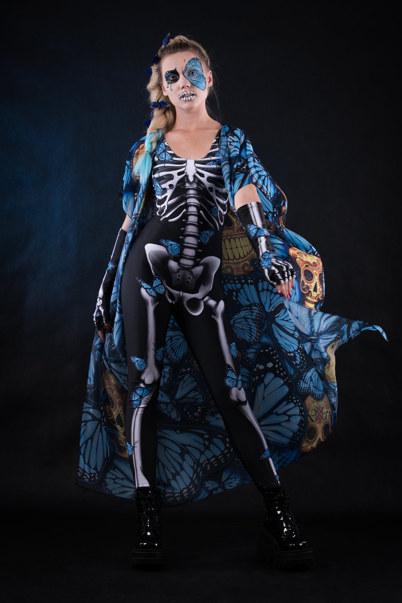 BLUE BUTTERFLIES Scoop Neck Jumpsuit & Gloves - Style Solo or Set