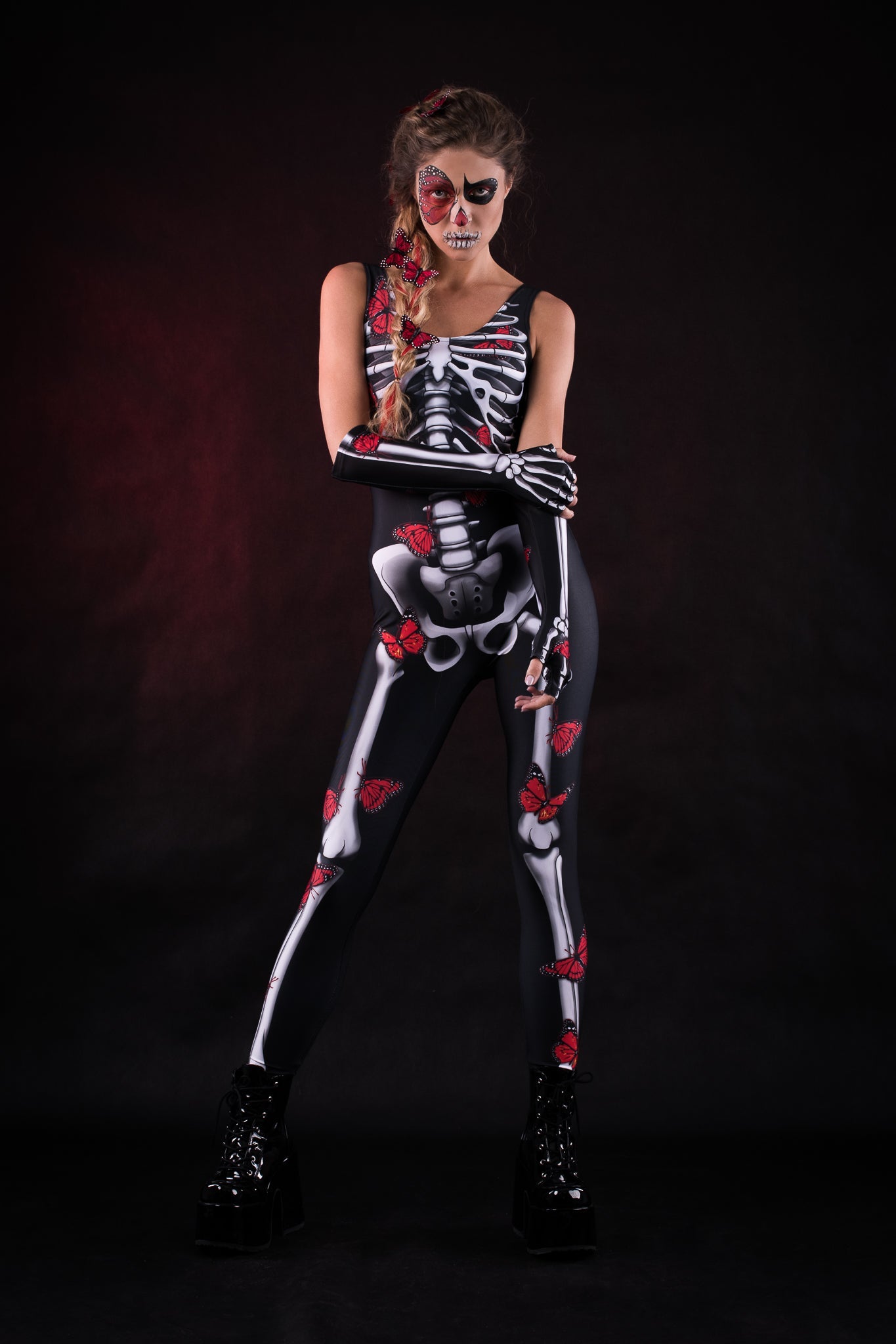 RED BUTTERFLIES Scoop Neck Jumpsuit & Gloves - Style Solo or Set