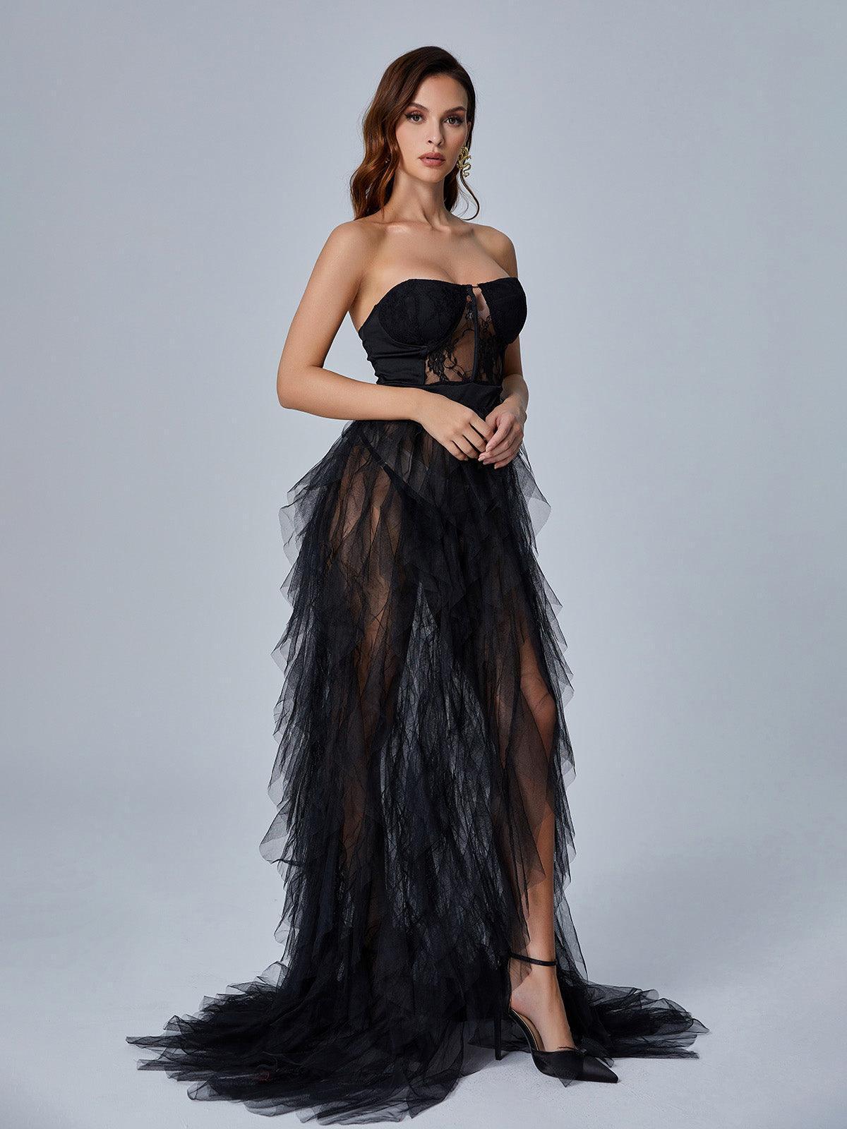 Elegant Black Dorothy Tulle Maxi Dress - Celestial Couture