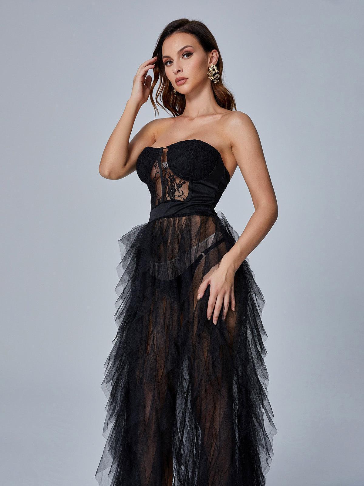 Elegant Black Dorothy Tulle Maxi Dress - Celestial Couture