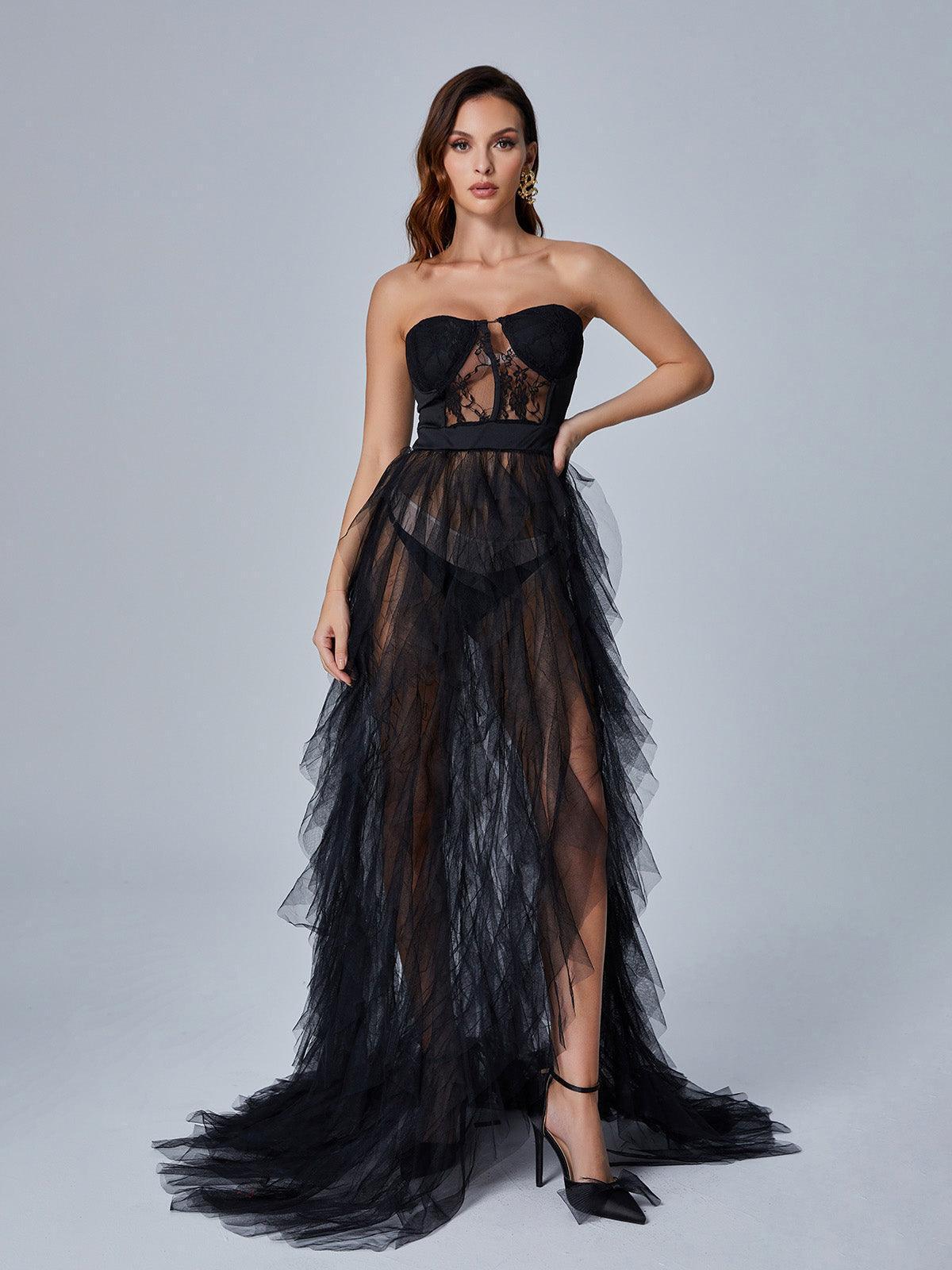 Elegant Black Dorothy Tulle Maxi Dress - Celestial Couture