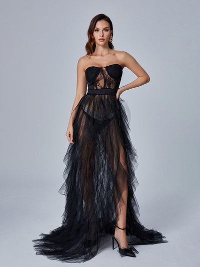 Elegant Black Dorothy Tulle Maxi Dress - Celestial Couture