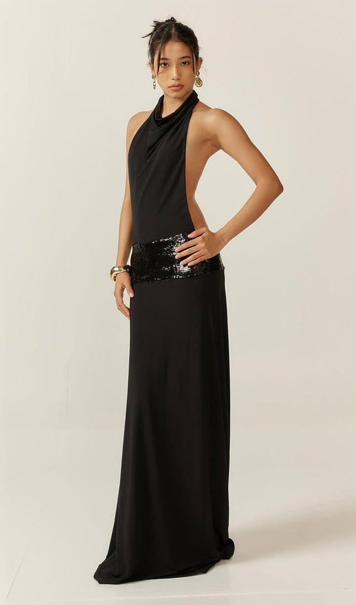 Draped Cowl Neck Open Back Maxi Dress - Celestia Couture