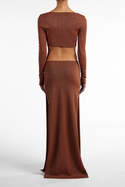 Long Sleeve Cut Out Maxi Dress (Mocha Lurex) - Celestial Couture