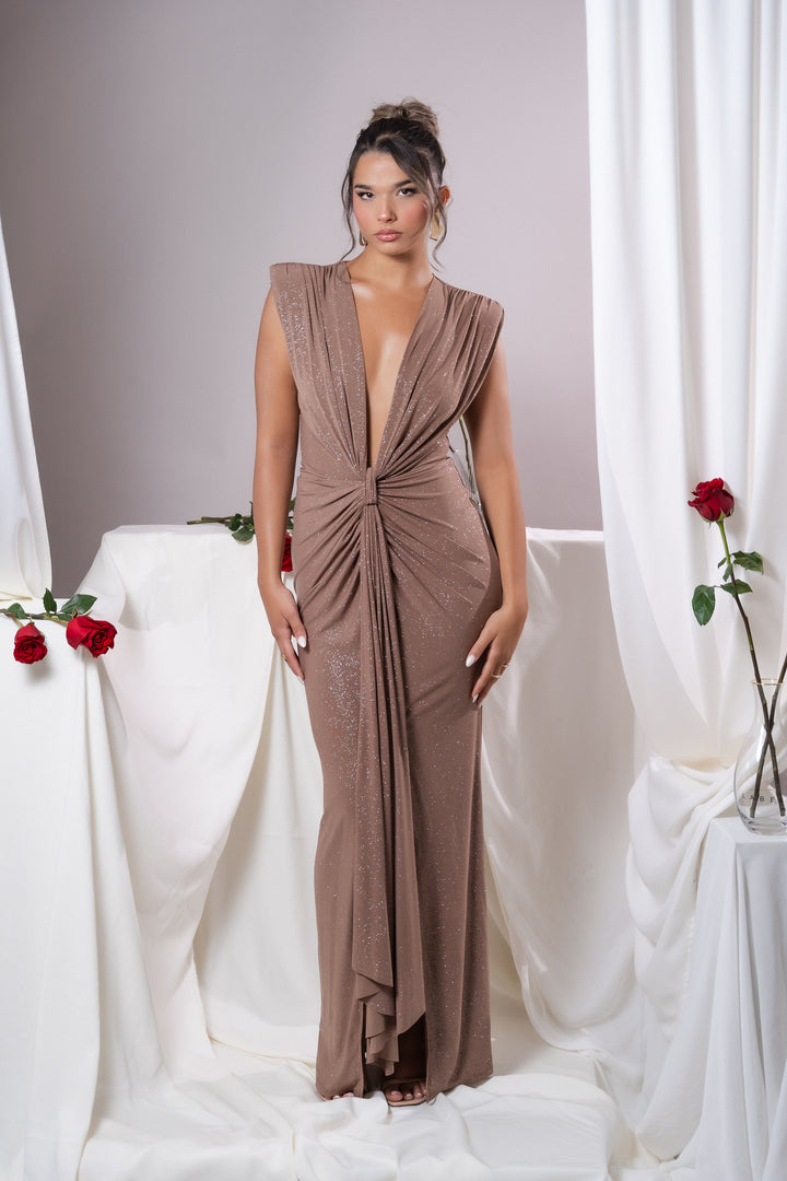 Elina Mocha Glitter Dress - Celestia Couture