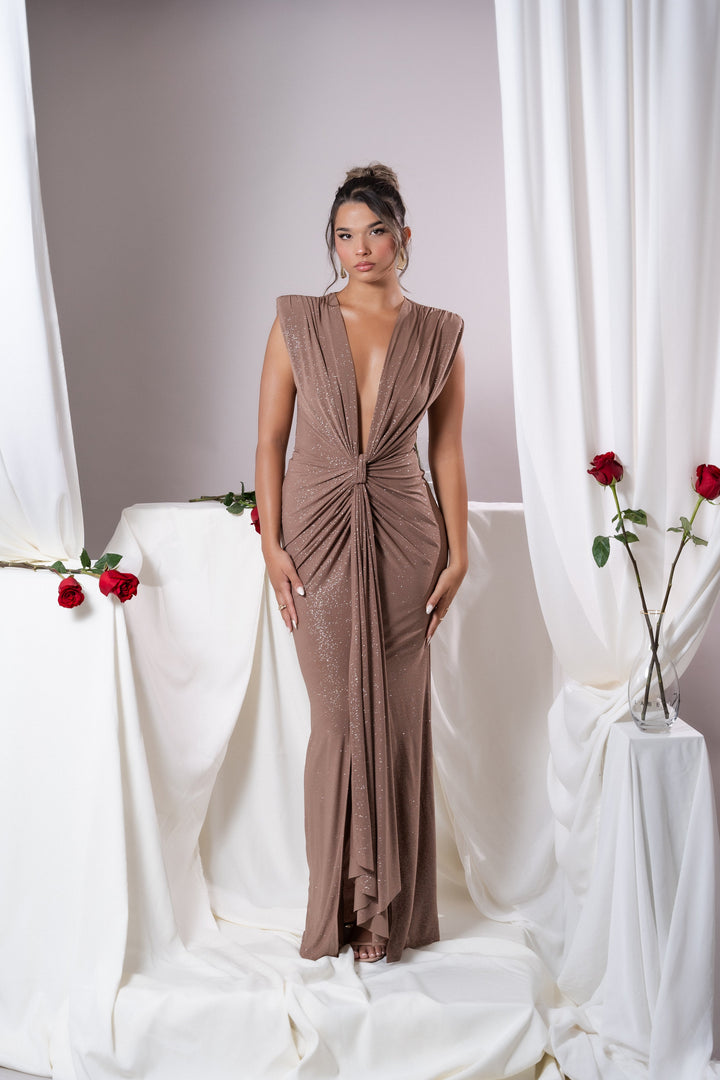 Elina Mocha Glitter Dress - Celestia Couture