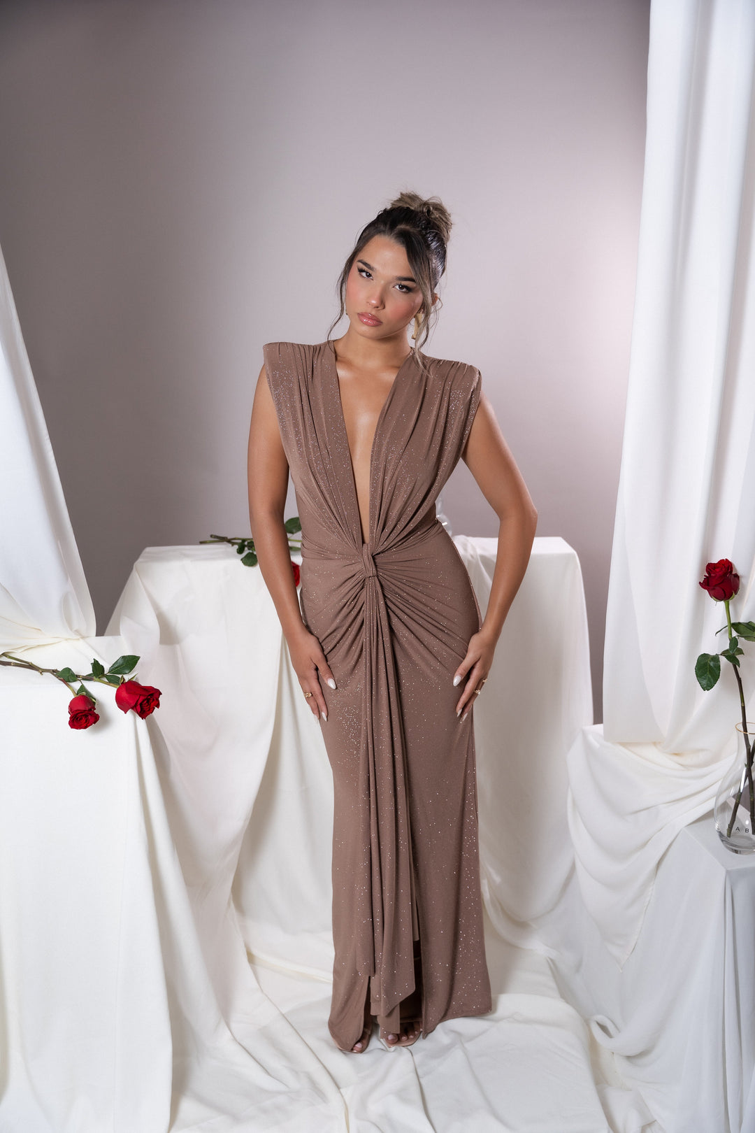 Elina Mocha Glitter Dress - Celestia Couture