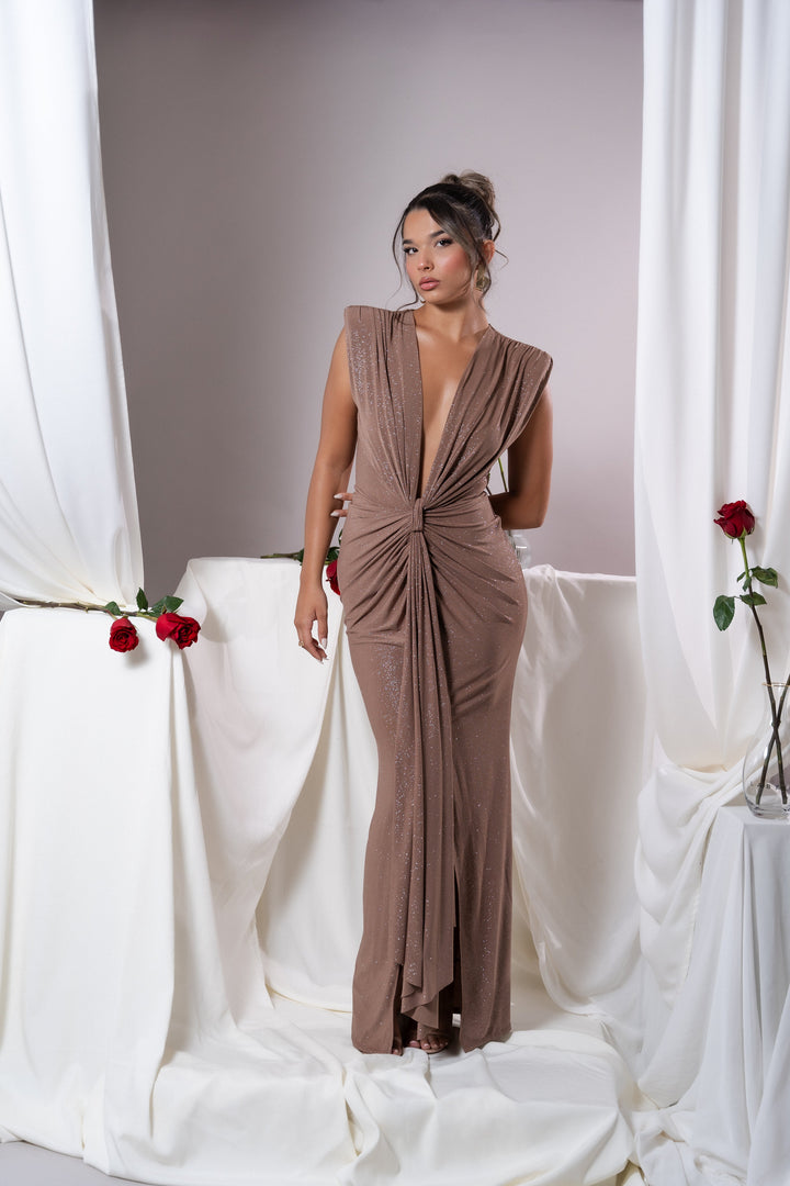 Elina Mocha Glitter Dress - Celestia Couture