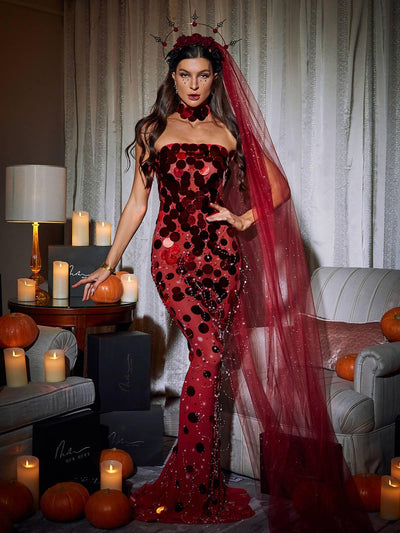 Stunning Red Strapless Maxi Dress with Elegant Embellishments - Celestial Couture