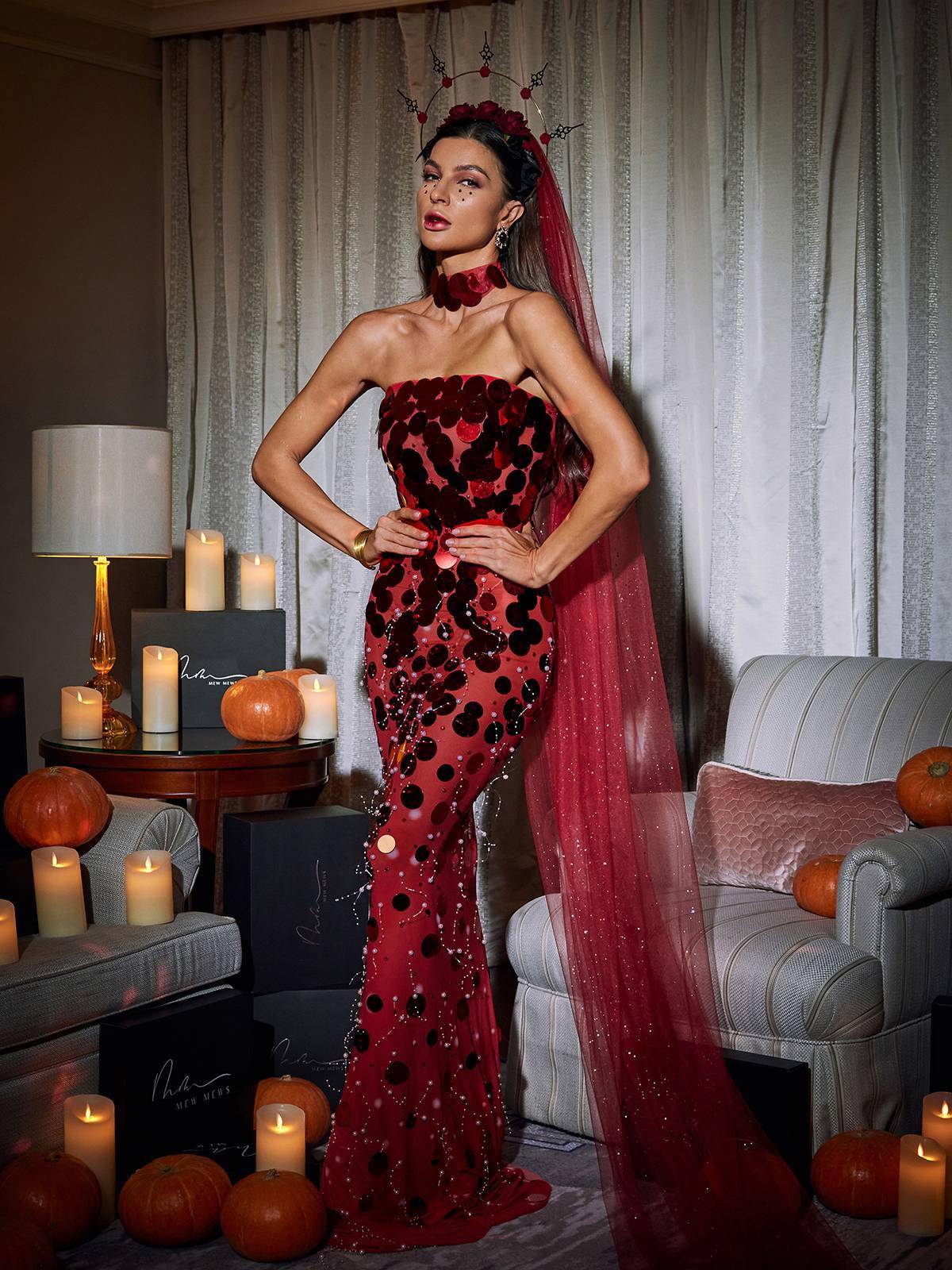 Stunning Red Strapless Maxi Dress with Elegant Embellishments - Celestial Couture