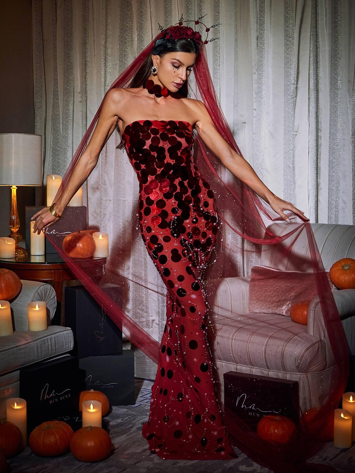 Stunning Red Strapless Maxi Dress with Elegant Embellishments - Celestial Couture