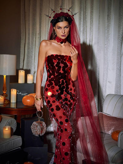 Stunning Red Strapless Maxi Dress with Elegant Embellishments - Celestial Couture