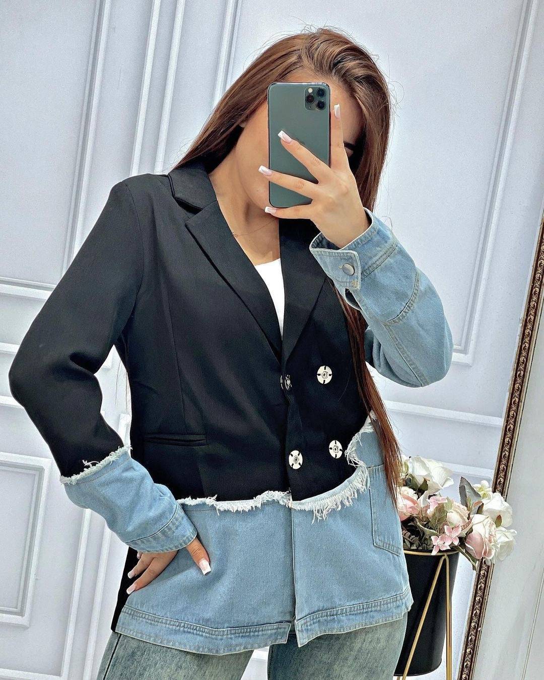 Jenna Asymmetric Denim Patchwork Blazer - Celestia Couture