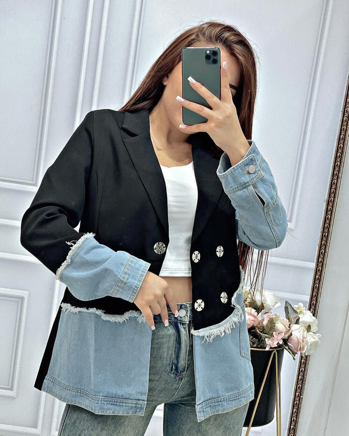 Jenna Asymmetric Denim Patchwork Blazer - Celestia Couture