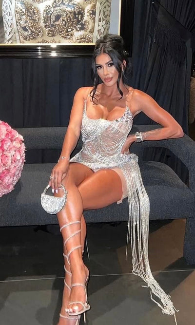 Onyx Strapless Crystal Fringe Mini Dress As Seen On Carolina Delgado