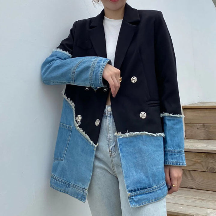 Jenna Asymmetric Denim Patchwork Blazer - Celestia Couture