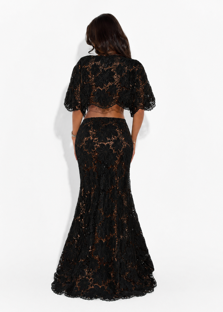 AMIRA FLORAL MAXI SKIRT - BLACK