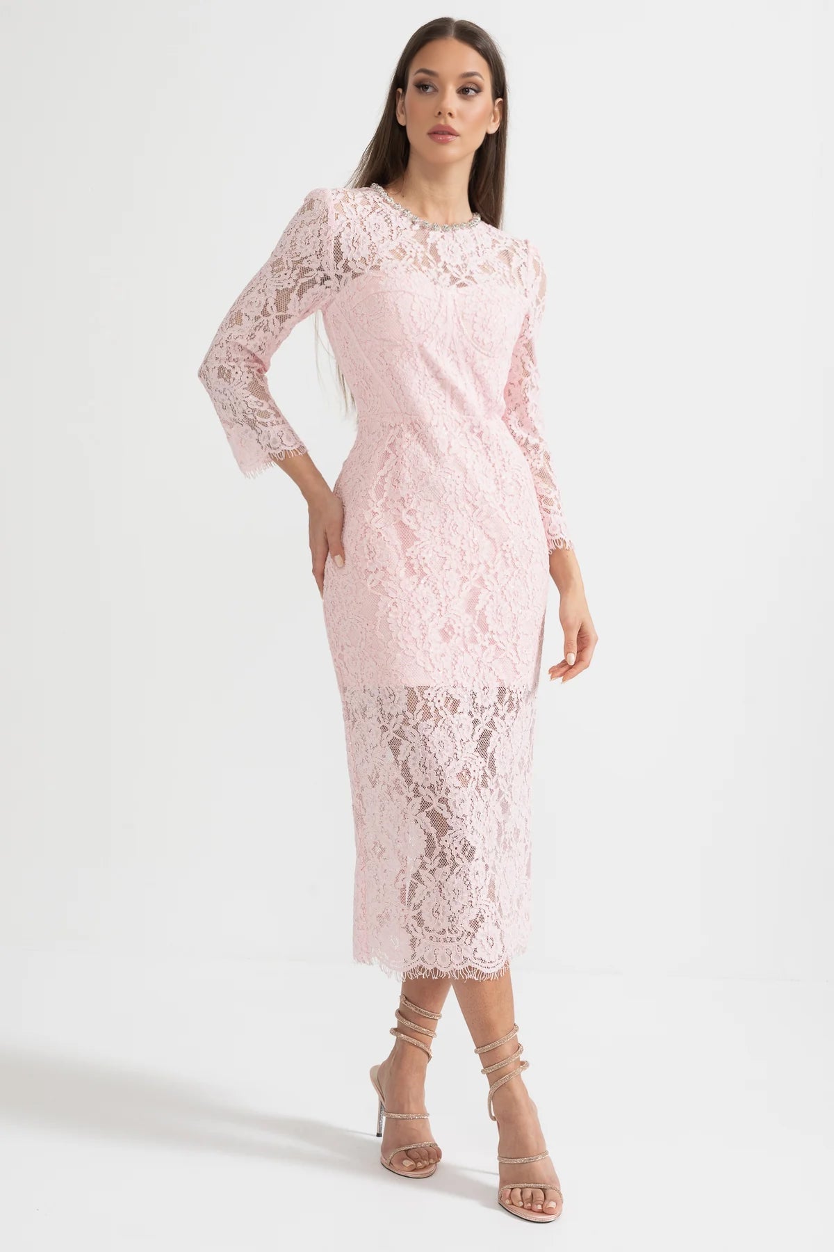 Elegant Long Sleeve Lace Dress With Matching Waist Belt - Pink