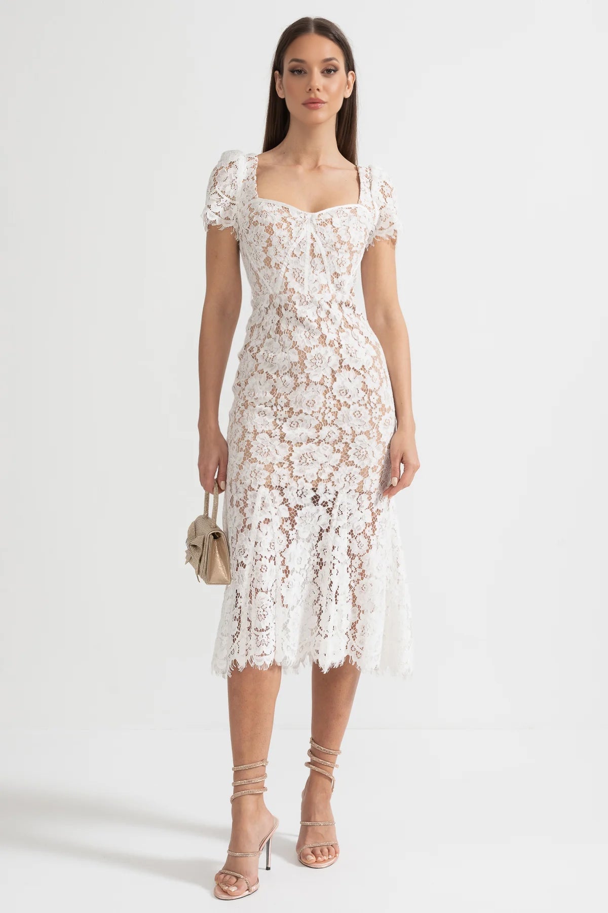 Short Sleeved Lace Dress With Delicate Matching Waist Belt - White