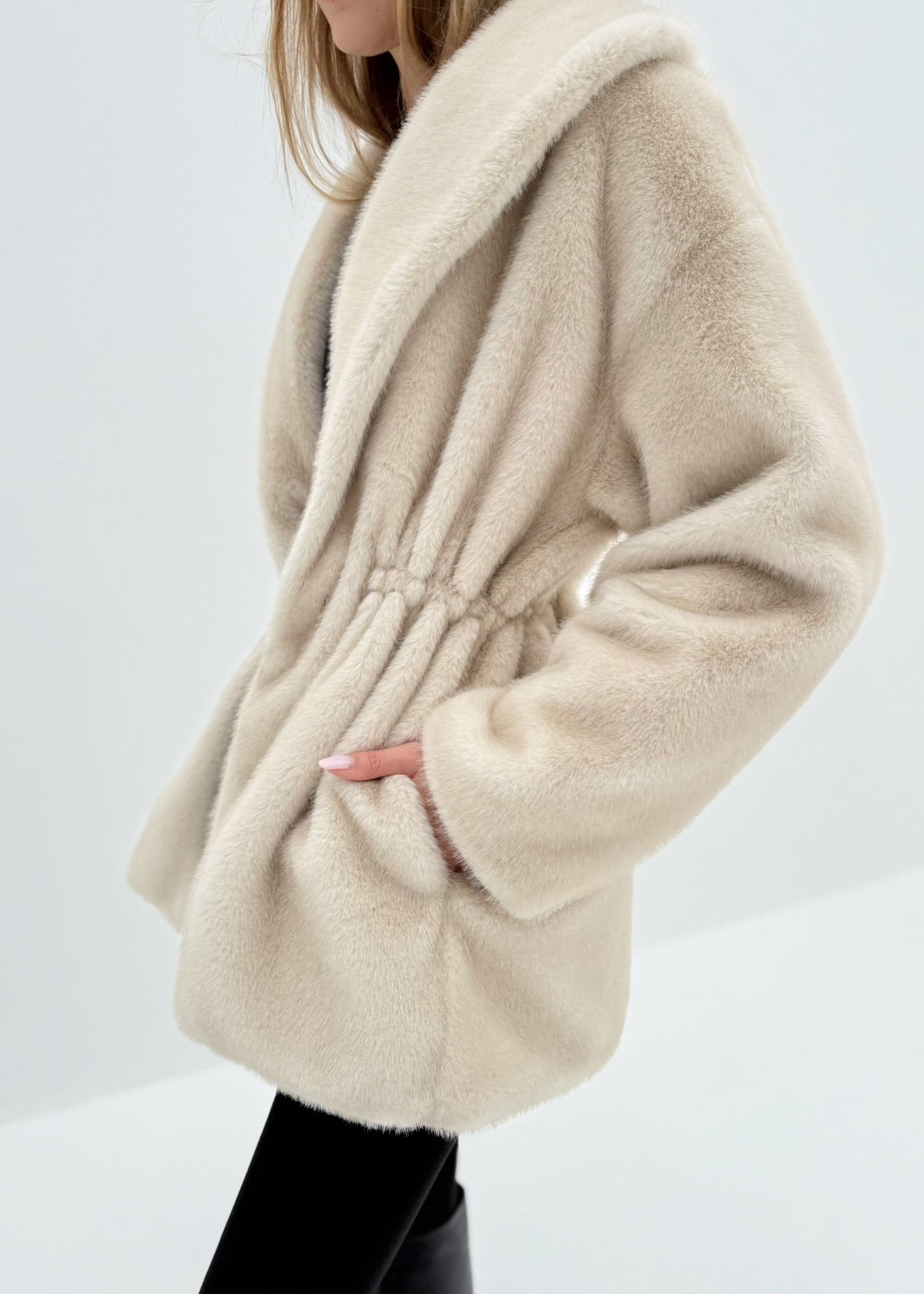 Alpina Cinch Waist Fur Coat | Almond Quartz