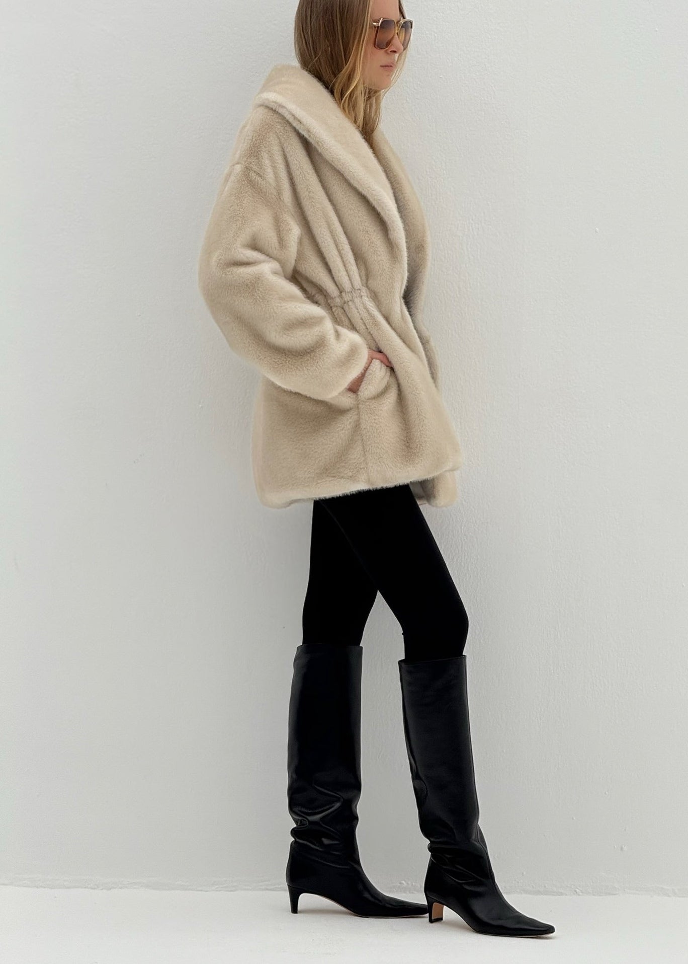 Alpina Cinch Waist Fur Coat | Almond Quartz