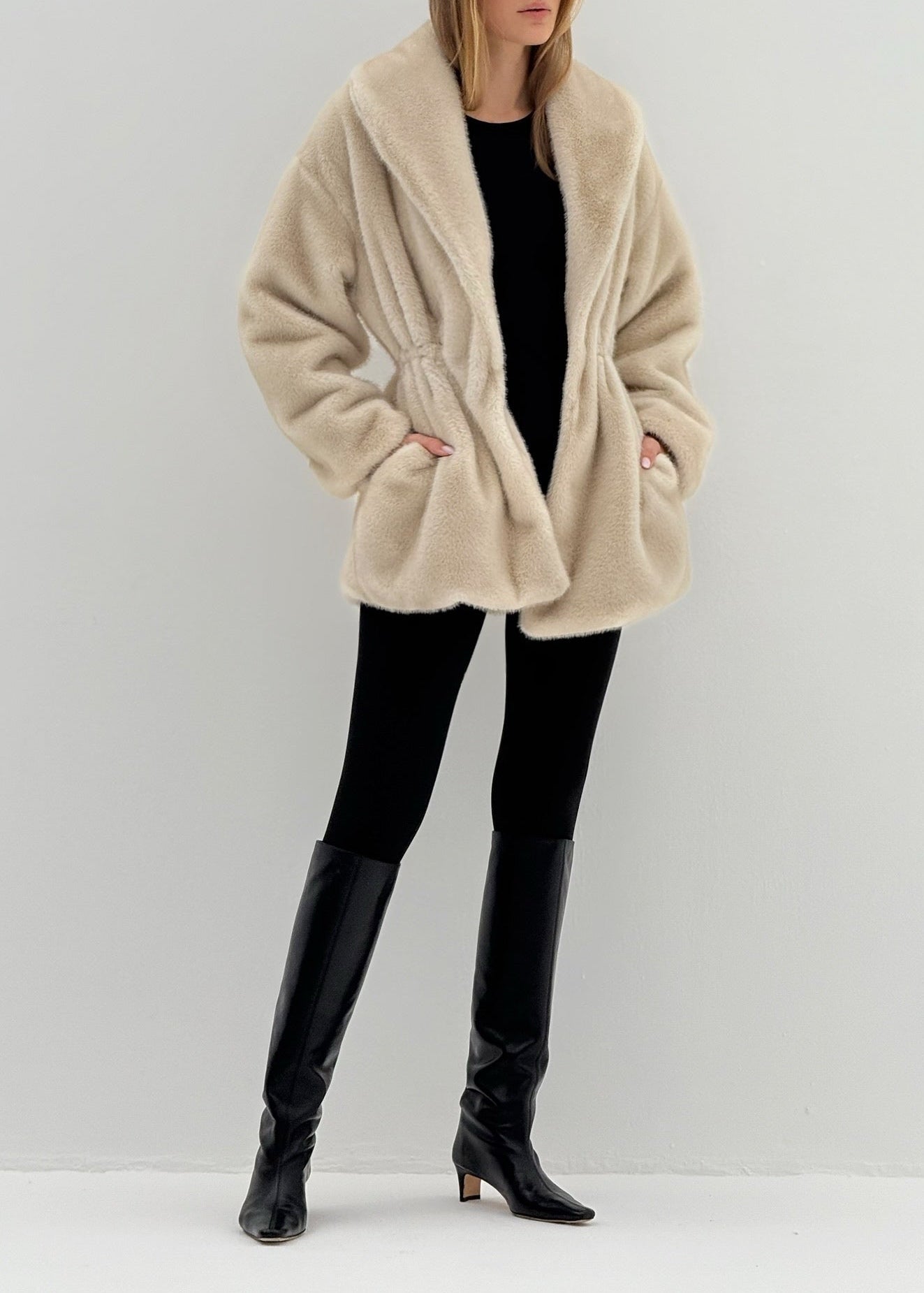 Alpina Cinch Waist Fur Coat | Almond Quartz