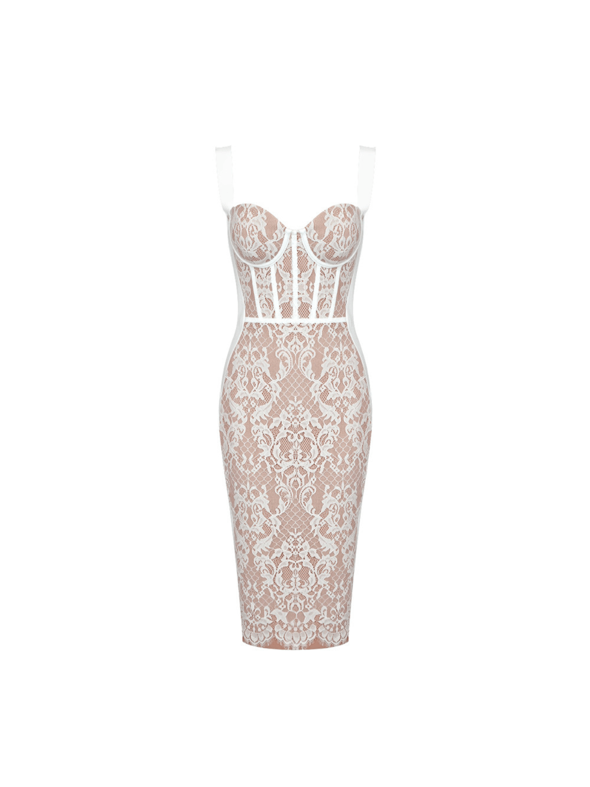 Elegant White Finbar Patchwork Lace Bandage Dress - Celestial Couture