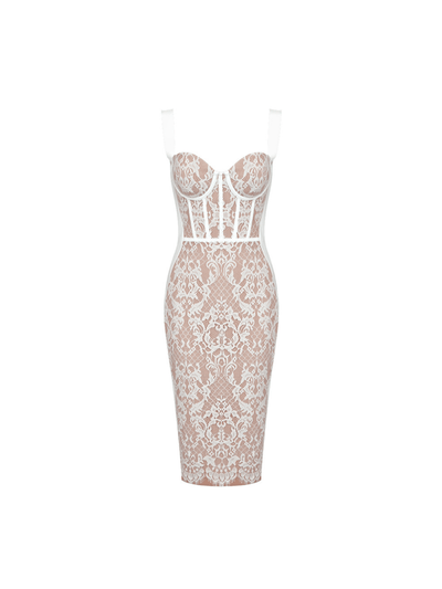 Elegant White Finbar Patchwork Lace Bandage Dress - Celestial Couture