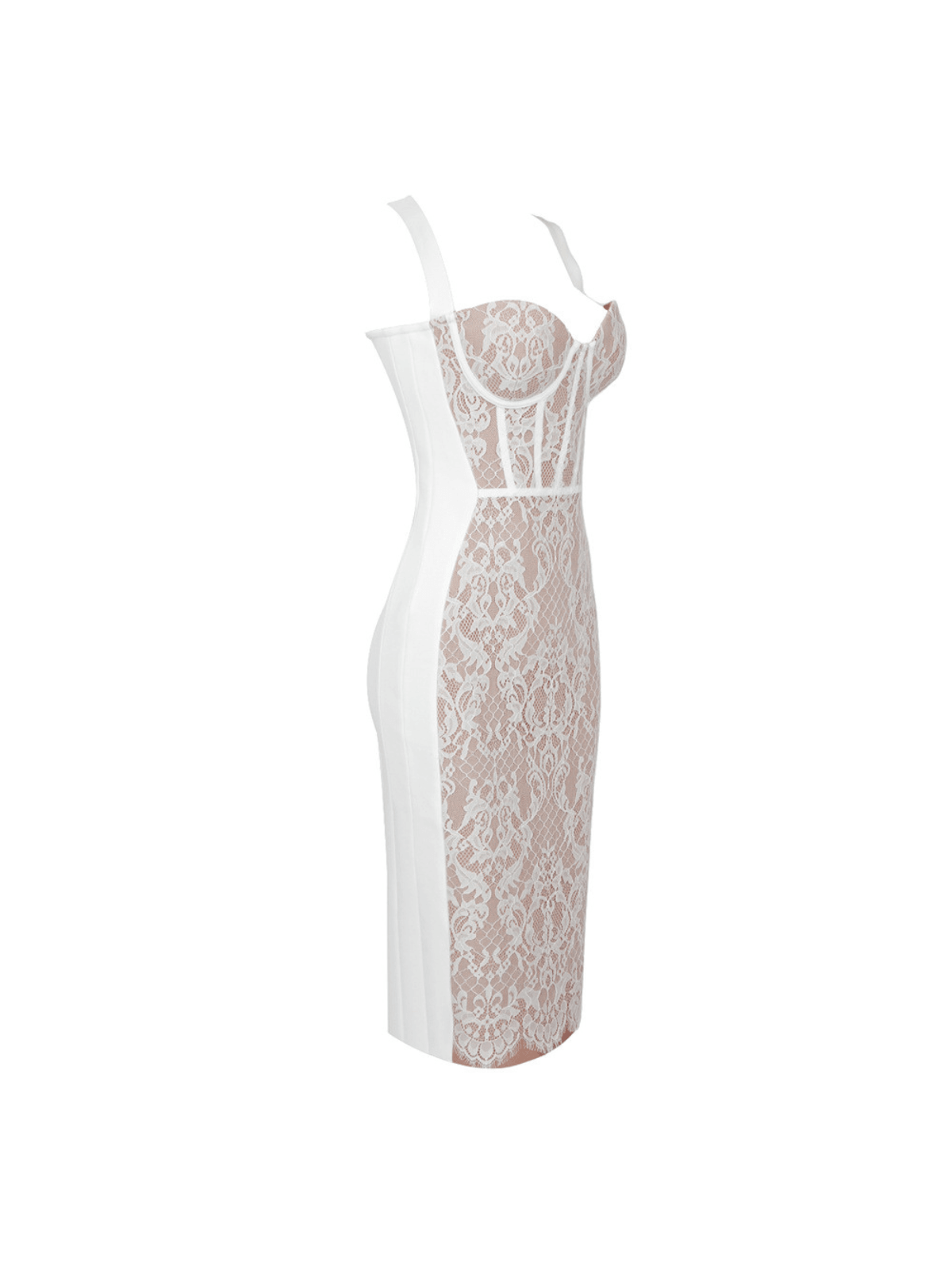 Elegant White Finbar Patchwork Lace Bandage Dress - Celestial Couture