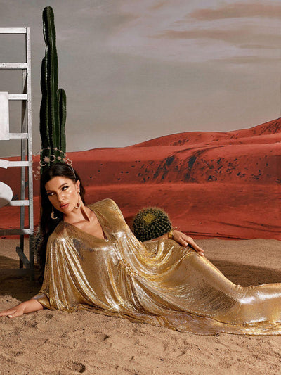 Stylish Fraser V Neck Chainmail Kaftan for a Glamorous Look - Celestial Couture