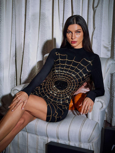 Chic Galyn Long Sleeve Mini Dress with Delicate Cobweb Design - Celestial Couture