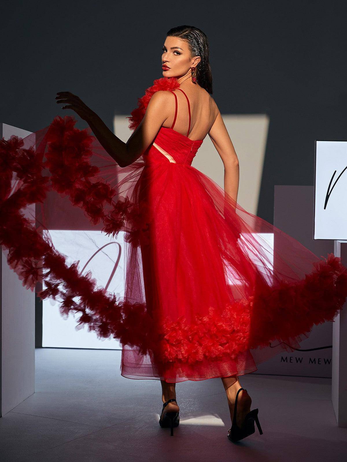 Elegantly Chic One-Shoulder Tulle Midi Dress by Ghslaine - Celestial Couture