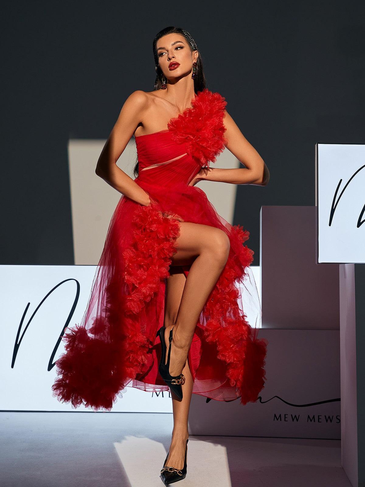 Elegantly Chic One-Shoulder Tulle Midi Dress by Ghslaine - Celestial Couture