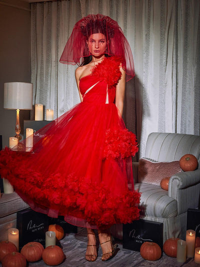 Elegantly Chic One-Shoulder Tulle Midi Dress by Ghslaine - Celestial Couture