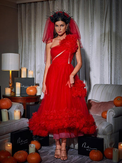 Elegantly Chic One-Shoulder Tulle Midi Dress by Ghslaine - Celestial Couture