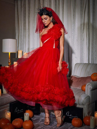 Elegantly Chic One-Shoulder Tulle Midi Dress by Ghslaine - Celestial Couture