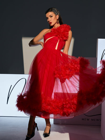 Elegantly Chic One-Shoulder Tulle Midi Dress by Ghslaine - Celestial Couture
