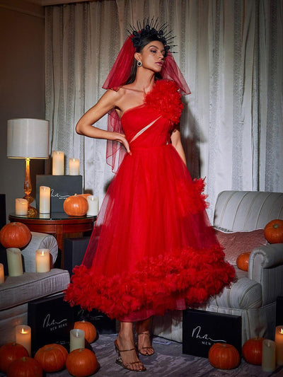 Elegantly Chic One-Shoulder Tulle Midi Dress by Ghslaine - Celestial Couture