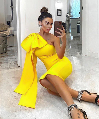 Luxe Radiance One-Sleeve Bowknot Bandage Dress - Celestial Couture