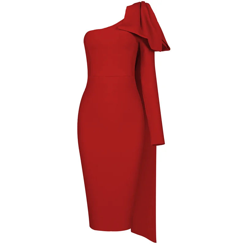 Luxe Radiance One-Sleeve Bowknot Bandage Dress - Celestial Couture